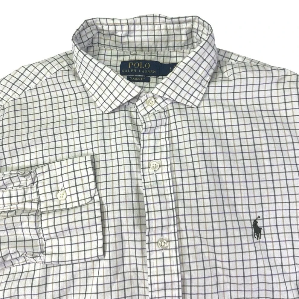 POLO RALPH LAUREN Mens  White Blue Plaid Classic Fit Lightweight Flannel Shirt L